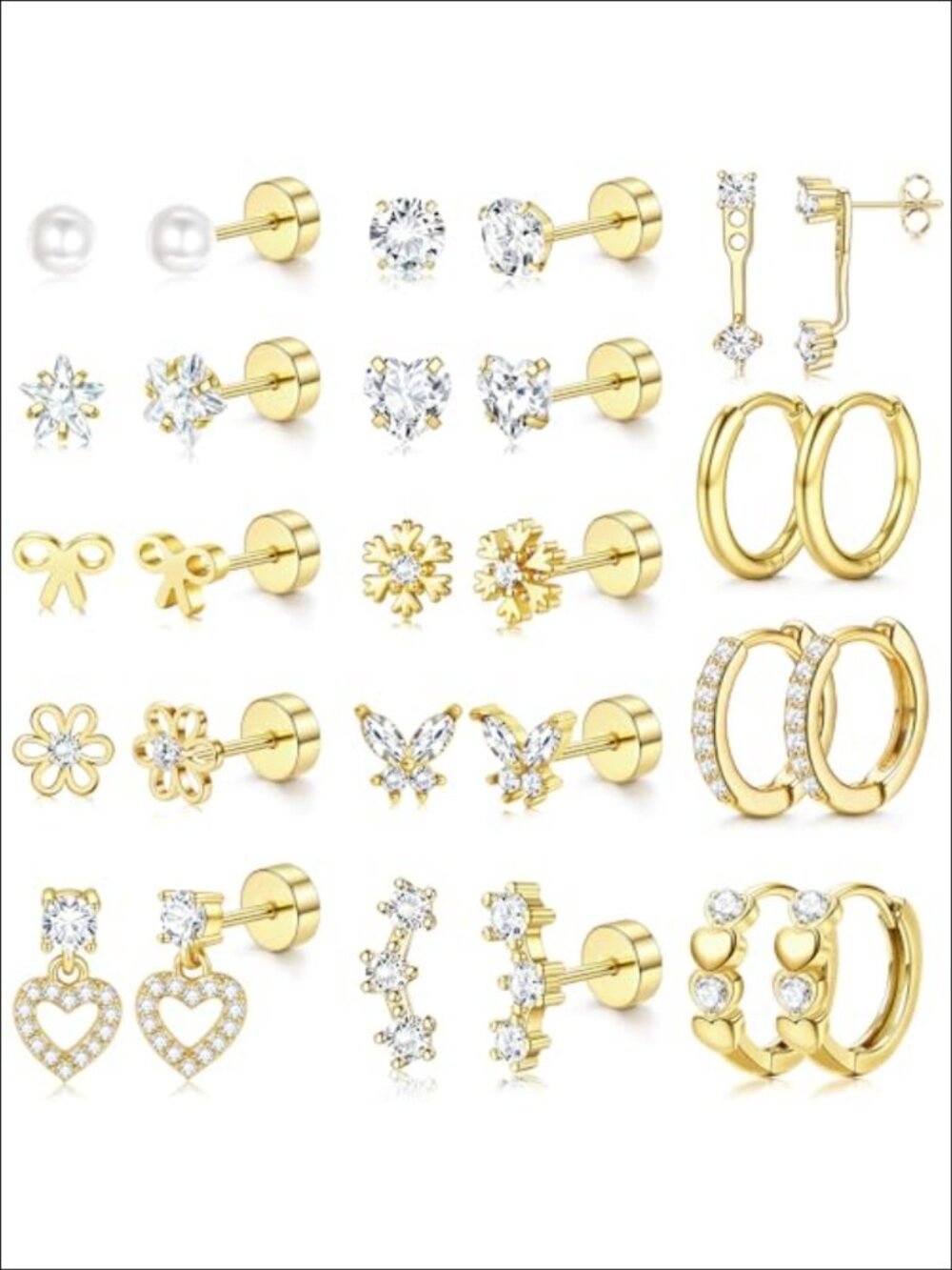 Hypoallergenic Surgical Steel Flat Back Earrings 14K Gold Plated Stud Set